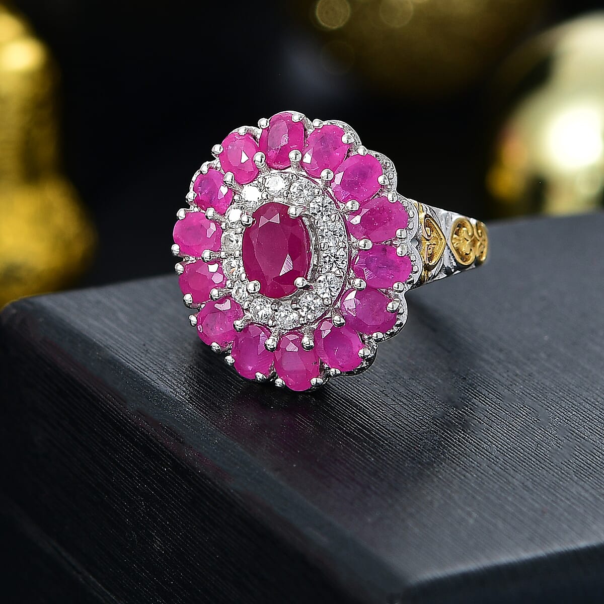 Premium Royal Ruby and White Zircon 4.90 ctw Floret Ring in 18K Vermeil YG and Rhodium Over Sterling Silver (Size 6.0) image number 1