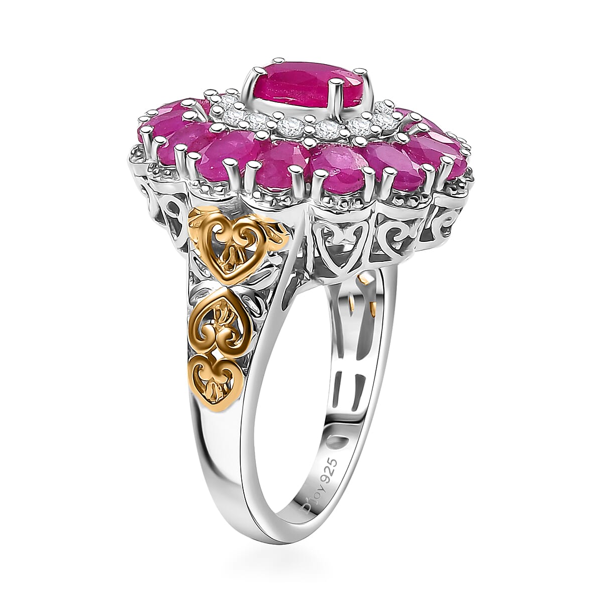Premium Royal Ruby and White Zircon 4.90 ctw Floret Ring in 18K Vermeil YG and Rhodium Over Sterling Silver (Size 6.0) image number 3