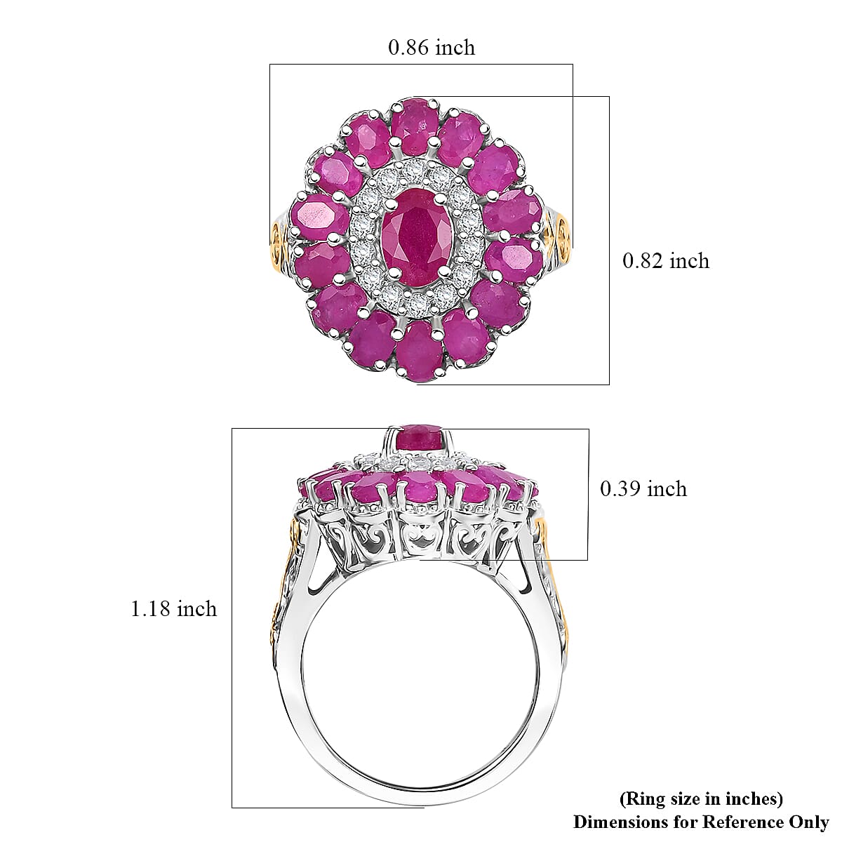 Premium Royal Ruby and White Zircon 4.90 ctw Floret Ring in 18K Vermeil YG and Rhodium Over Sterling Silver (Size 6.0) image number 5