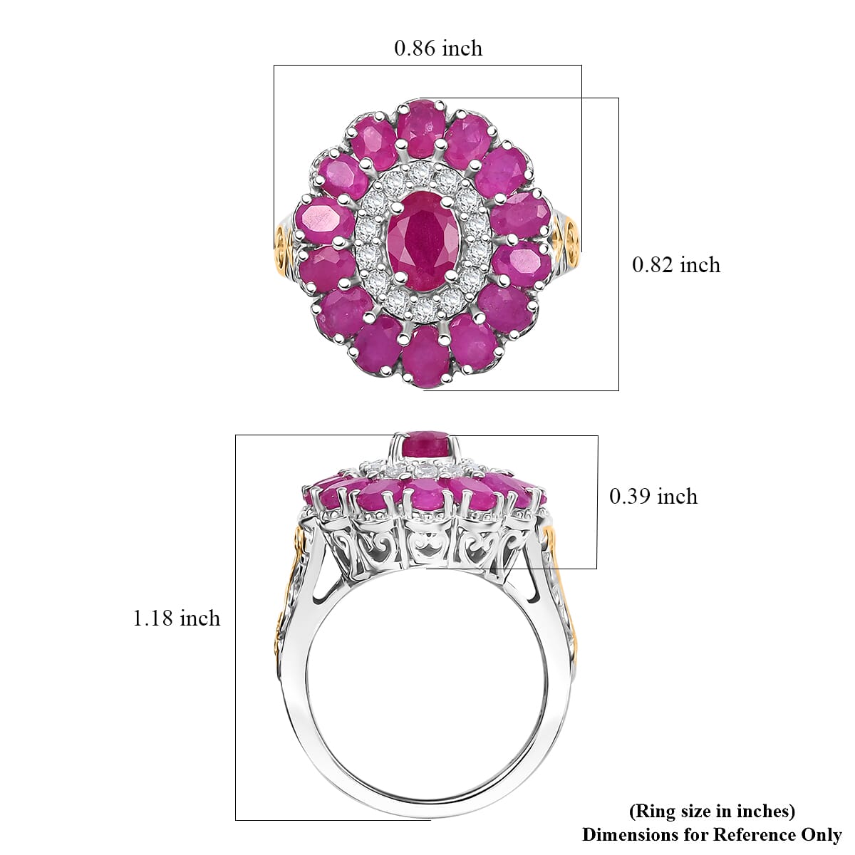Premium Royal Ruby and White Zircon 4.90 ctw Floret Ring in 18K Vermeil YG and Rhodium Over Sterling Silver (Size 7.0) image number 5