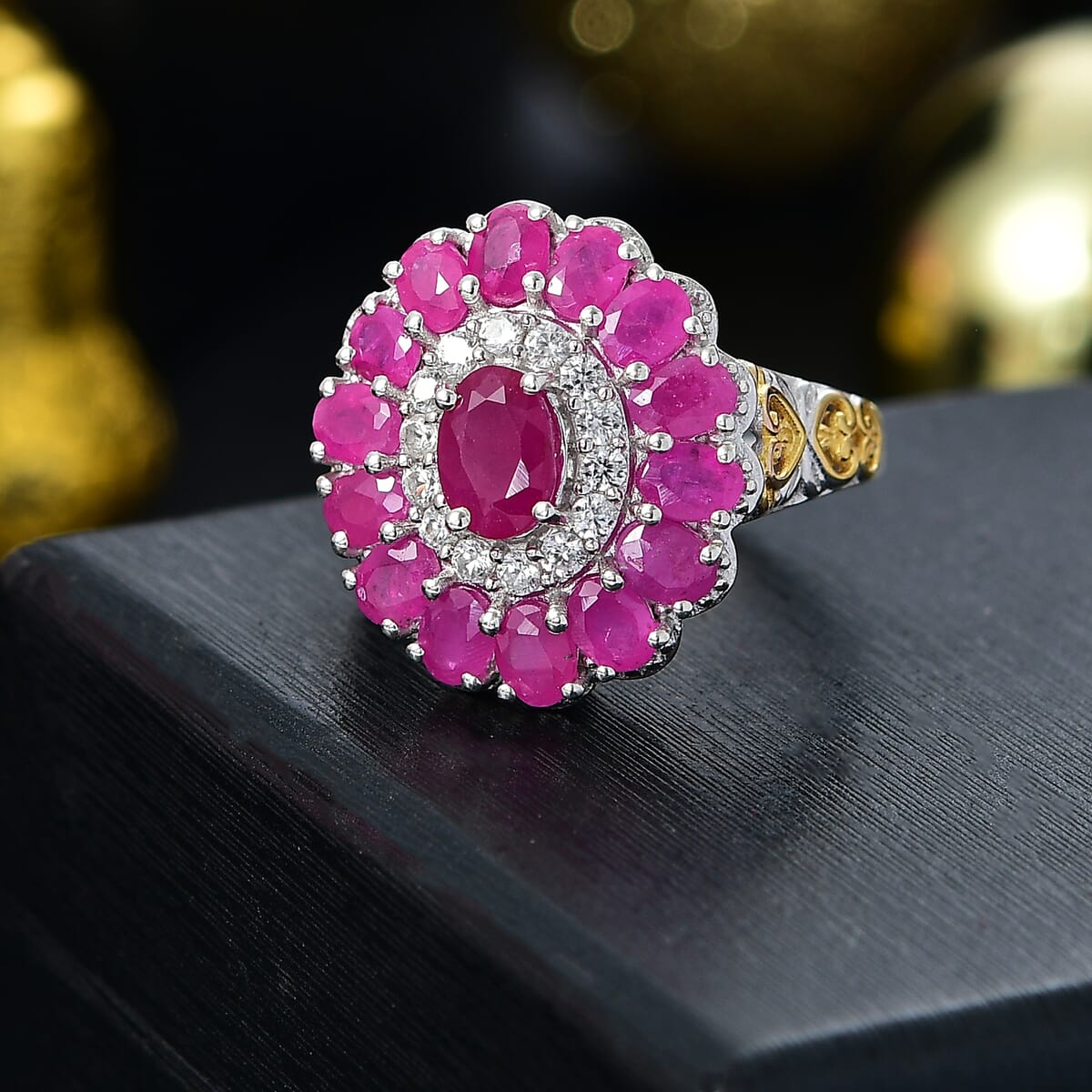 Premium Royal Ruby and White Zircon 4.90 ctw Floret Ring in 18K Vermeil YG and Rhodium Over Sterling Silver (Size 9.0) image number 1