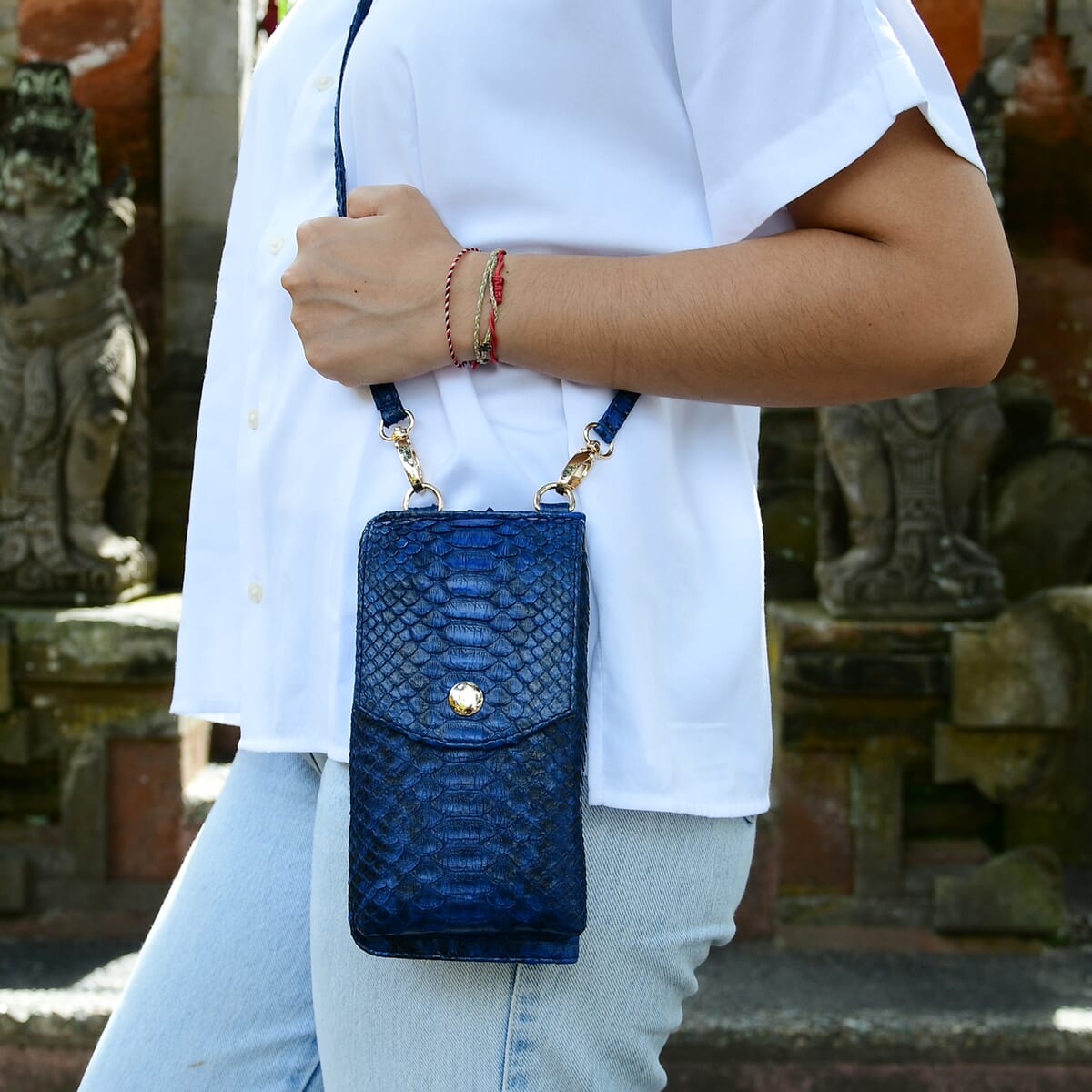 The Grand Pelle Handcrafted Genuine Python Leather Navy Color Crossbody Wallet image number 1