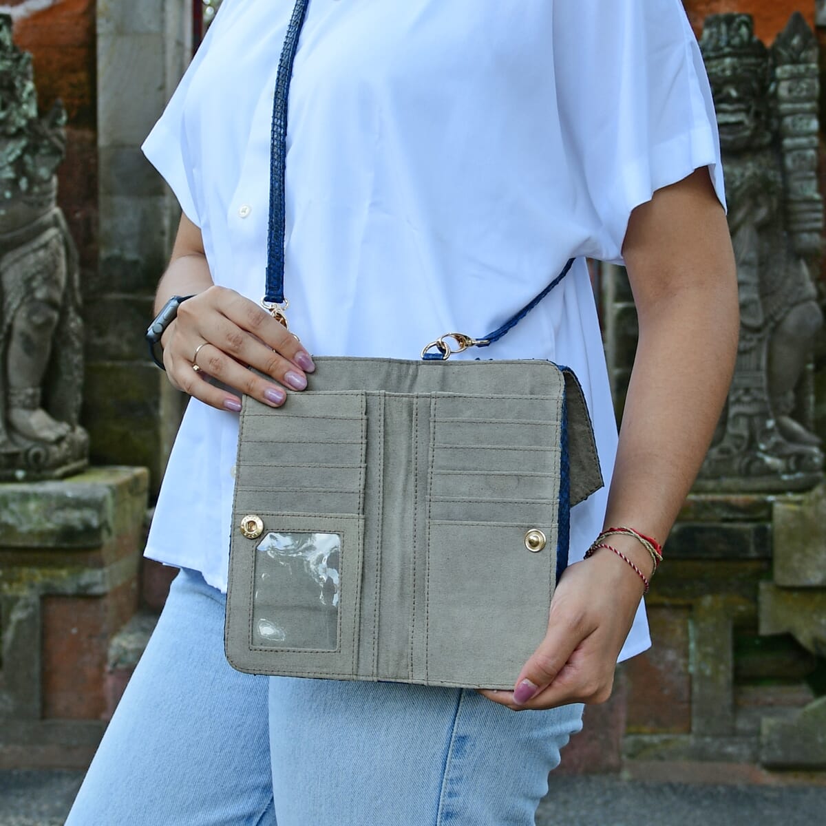 The Grand Pelle Handcrafted Genuine Python Leather Navy Color Crossbody Wallet image number 2