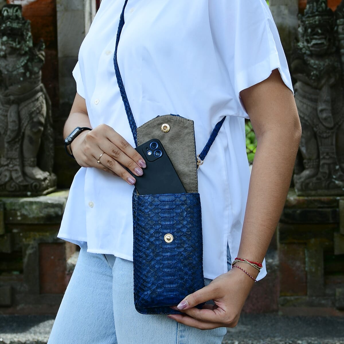 The Grand Pelle Handcrafted Genuine Python Leather Navy Color Crossbody Wallet image number 3