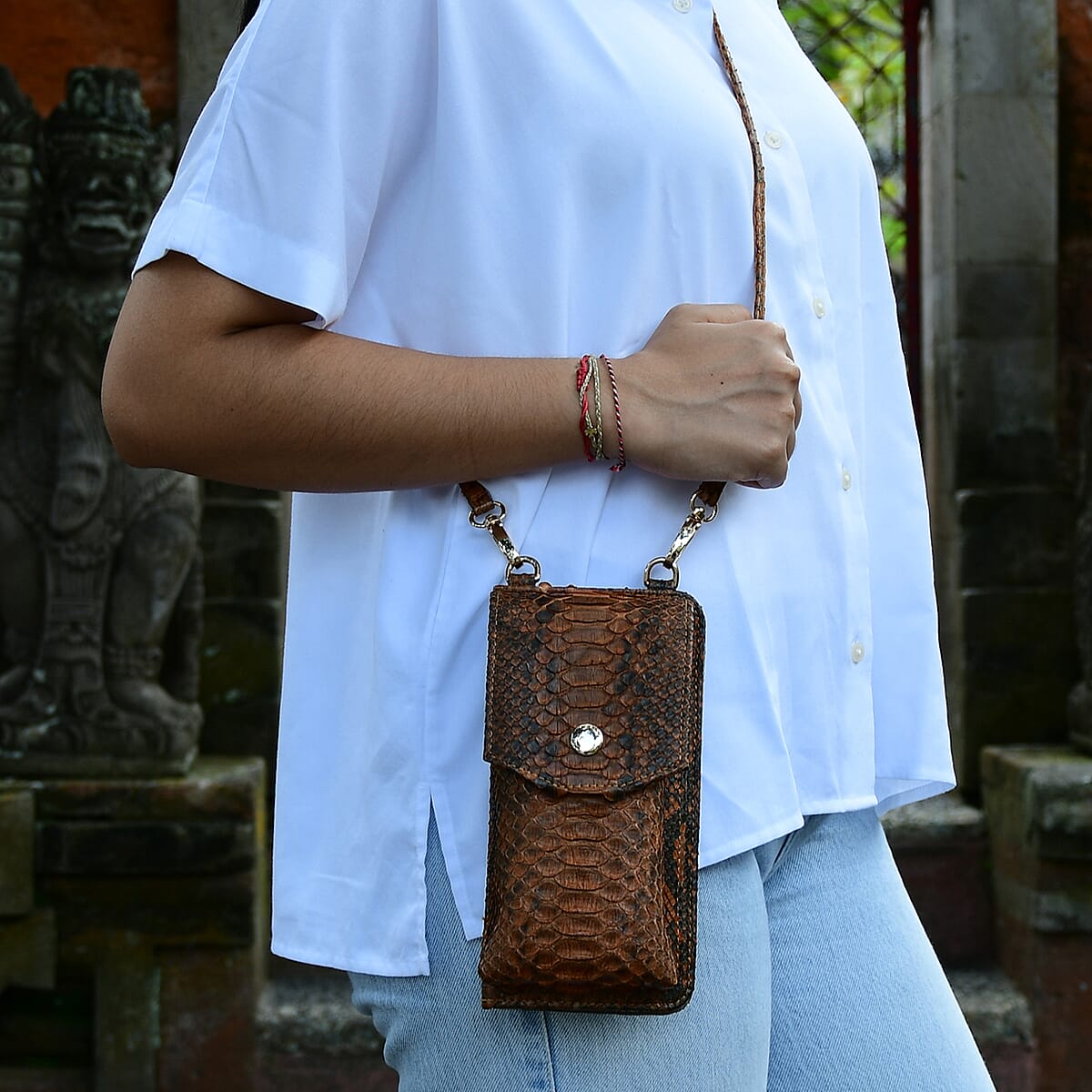 The Grand Pelle Handcrafted Genuine Python Leather Brown Color Crossbody Wallet image number 1