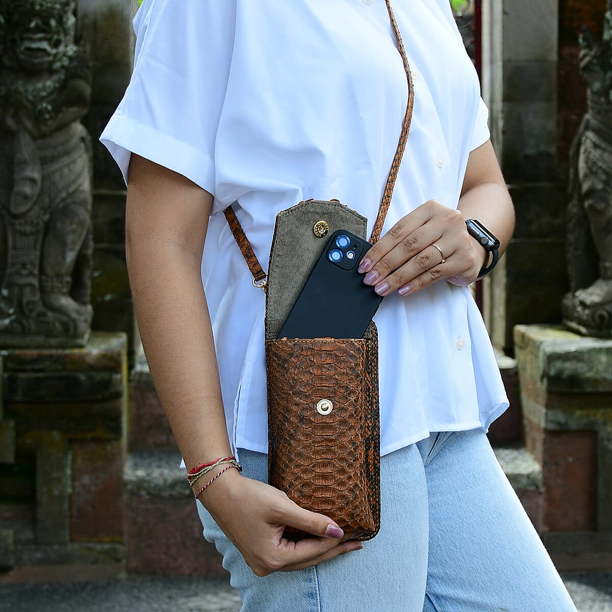 The Grand Pelle Handcrafted Genuine Python Leather Brown Color Crossbody Wallet image number 2