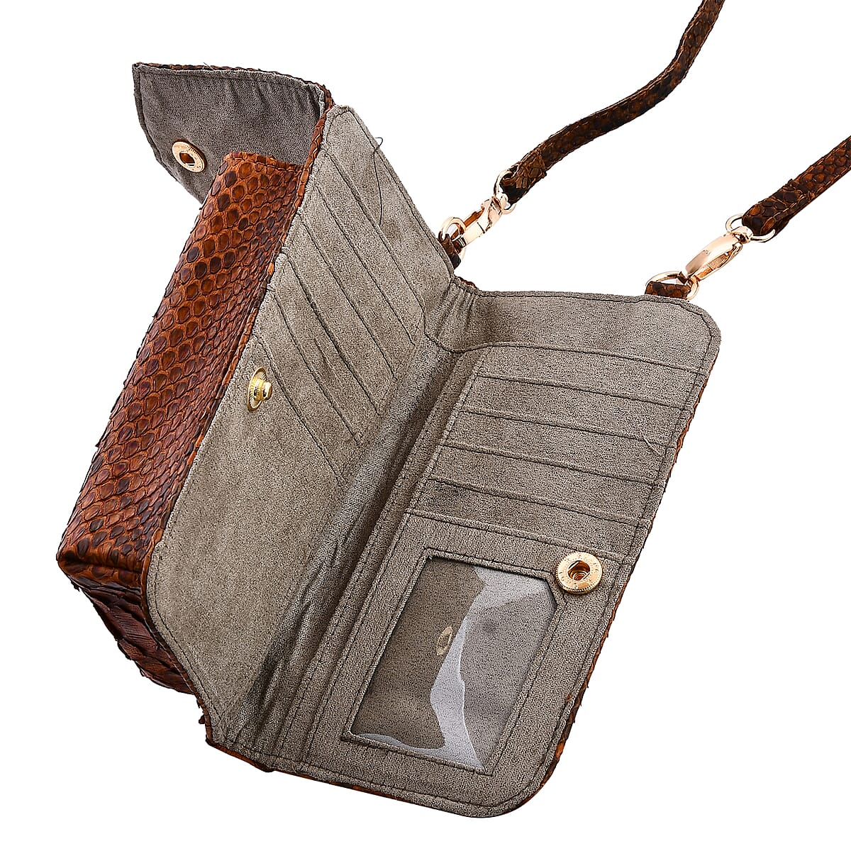 The Grand Pelle Handcrafted Genuine Python Leather Brown Color Crossbody Wallet image number 5