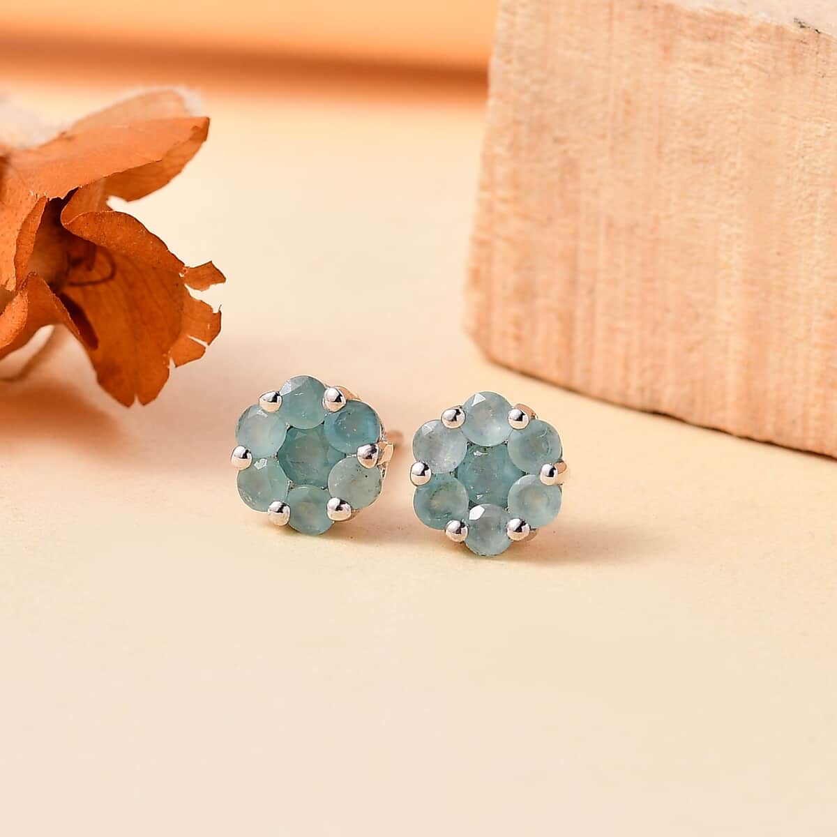 Grandidierite Floral Stud Earrings in Rhodium Over Sterling Silver 1.10 ctw image number 1