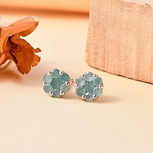 Grandidierite 1.10 ctw Floral Stud Earrings in Rhodium Over Sterling Silver