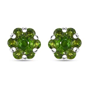 Chrome Diopside 1.15 ctw Floral Stud Earrings in Rhodium Over Sterling Silver