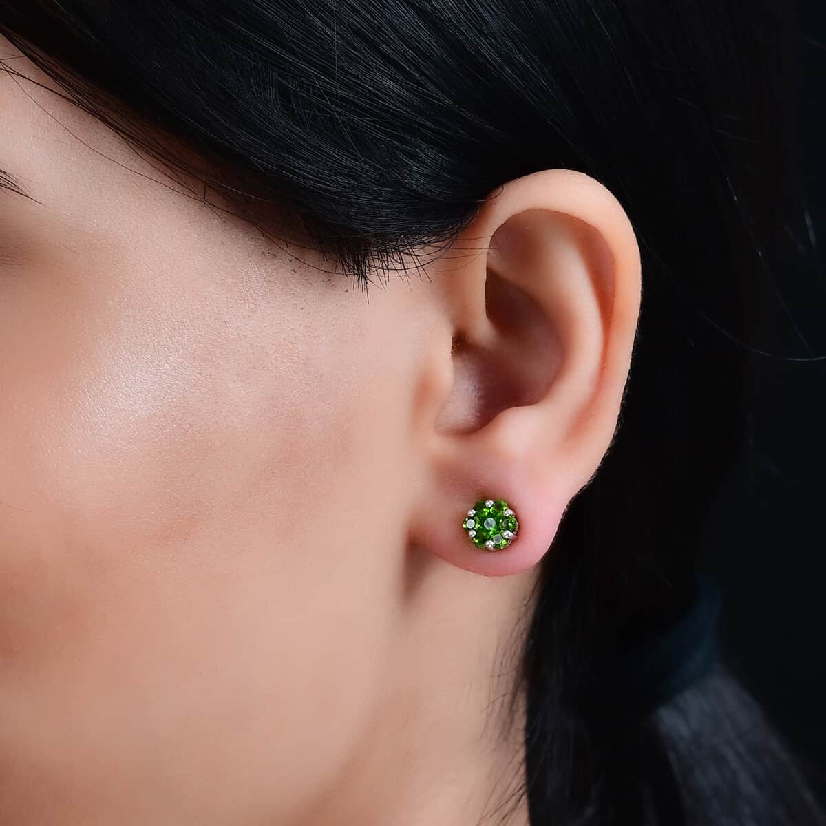 Chrome Diopside 1.15 ctw Floral Stud Earrings in Rhodium Over Sterling Silver image number 2