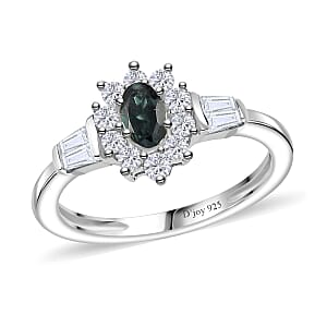 Monte Belo Indicolite and White Zircon 0.75 ctw Sunburst Ring in Rhodium Over Sterling Silver (Size 7.0)