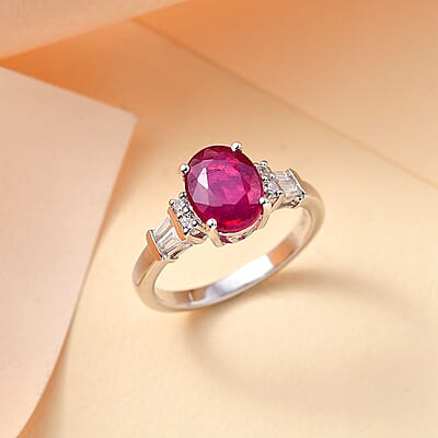 Niassa Ruby (FF) and White Zircon 3.10 ctw Ring in Rhodium Over Sterling Silver (Size 10.0)