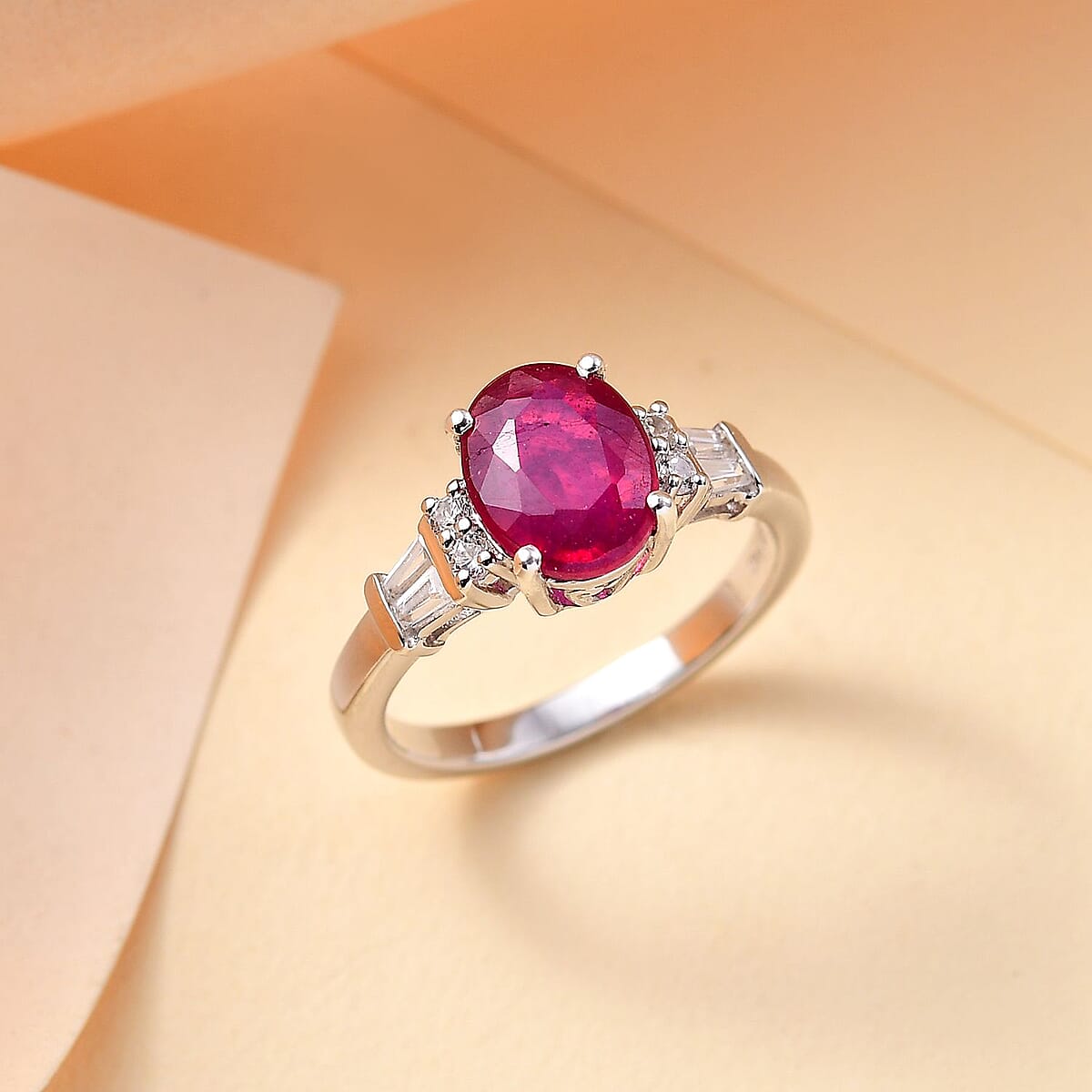 Niassa Ruby (FF) and White Zircon 3.10 ctw Ring in Rhodium Over Sterling Silver (Size 7.0) image number 1