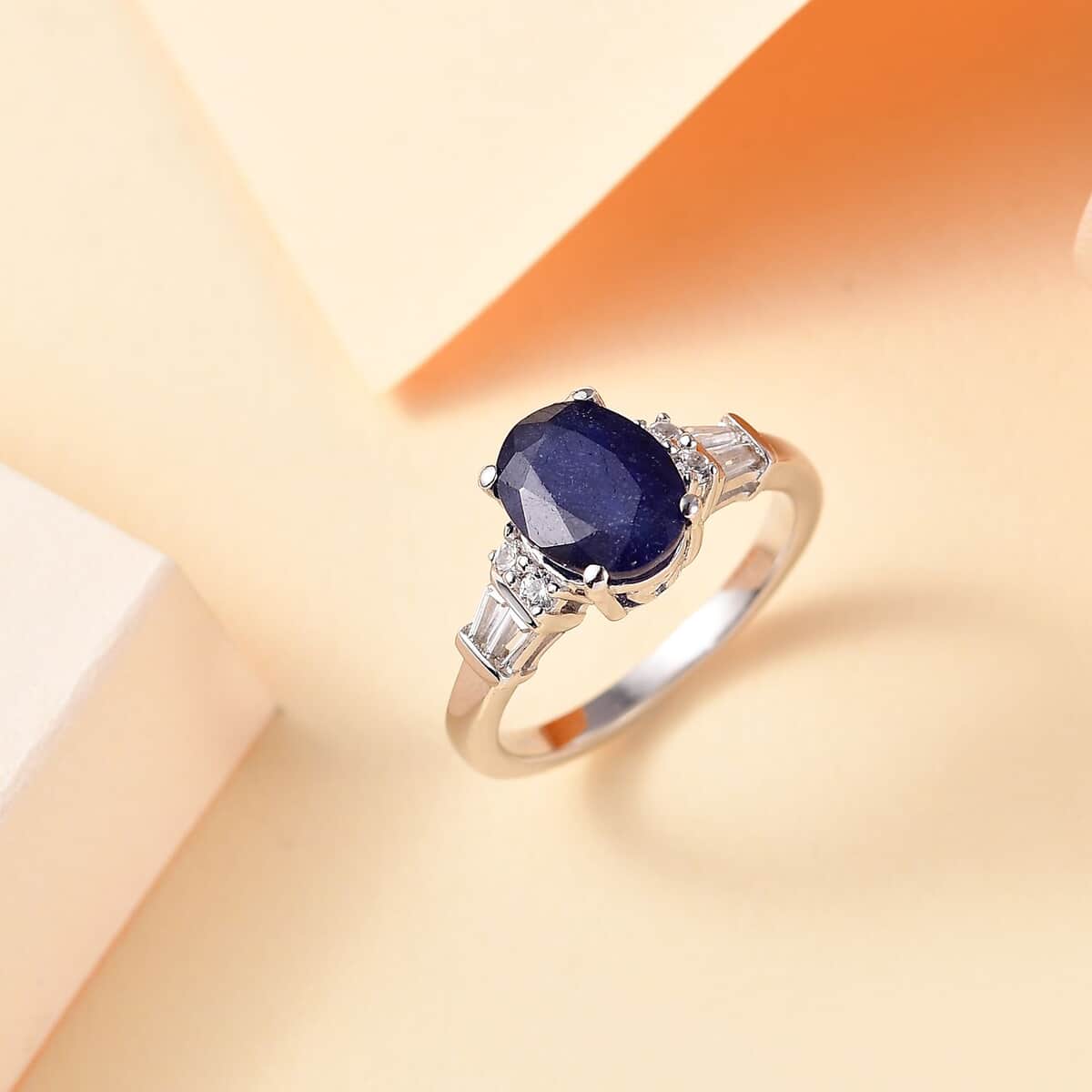 Masoala Sapphire (DF) and White Zircon 3.00 ctw Ring in Rhodium Over Sterling Silver image number 1