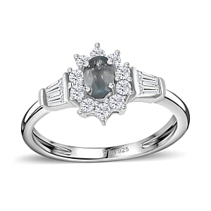 Narsipatnam Alexandrite and White Zircon 0.85 ctw Sunburst Ring in Rhodium Over Sterling Silver (Size 8.0)