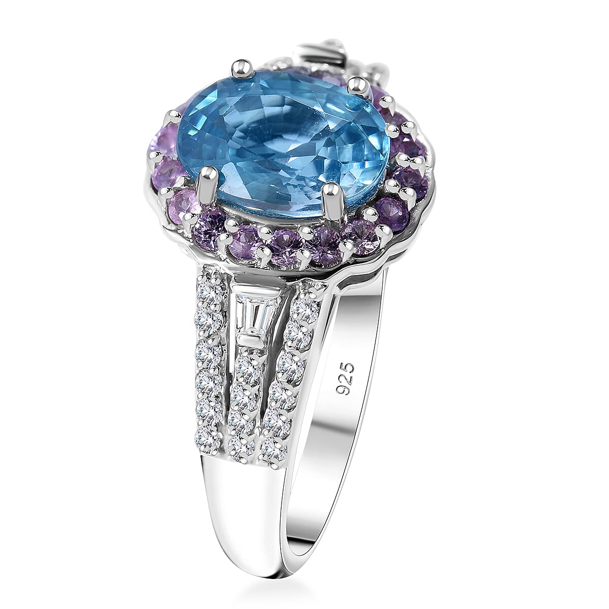 Cambodian Blue Zircon and Multi Gemstone 2.50 ctw Ocean Bloom Ring in Rhodium Over Sterling Silver (Size 10.0) image number 2