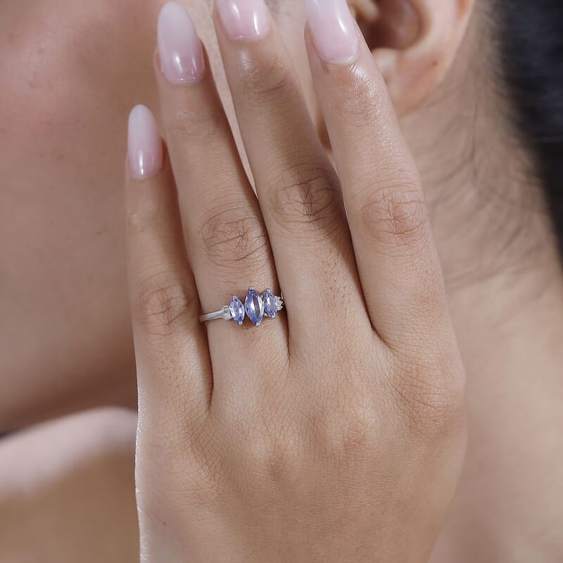 Tanzanite and Diamond 1.05 ctw Ring in Rhodium Over Sterling Silver (Size 10.0)