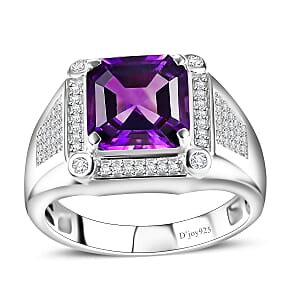 Asscher Cut Moroccan Amethyst and Moissanite 5.40 ctw Art & Deco Men's Ring in Rhodium Over Sterling Silver (Size 10.0)