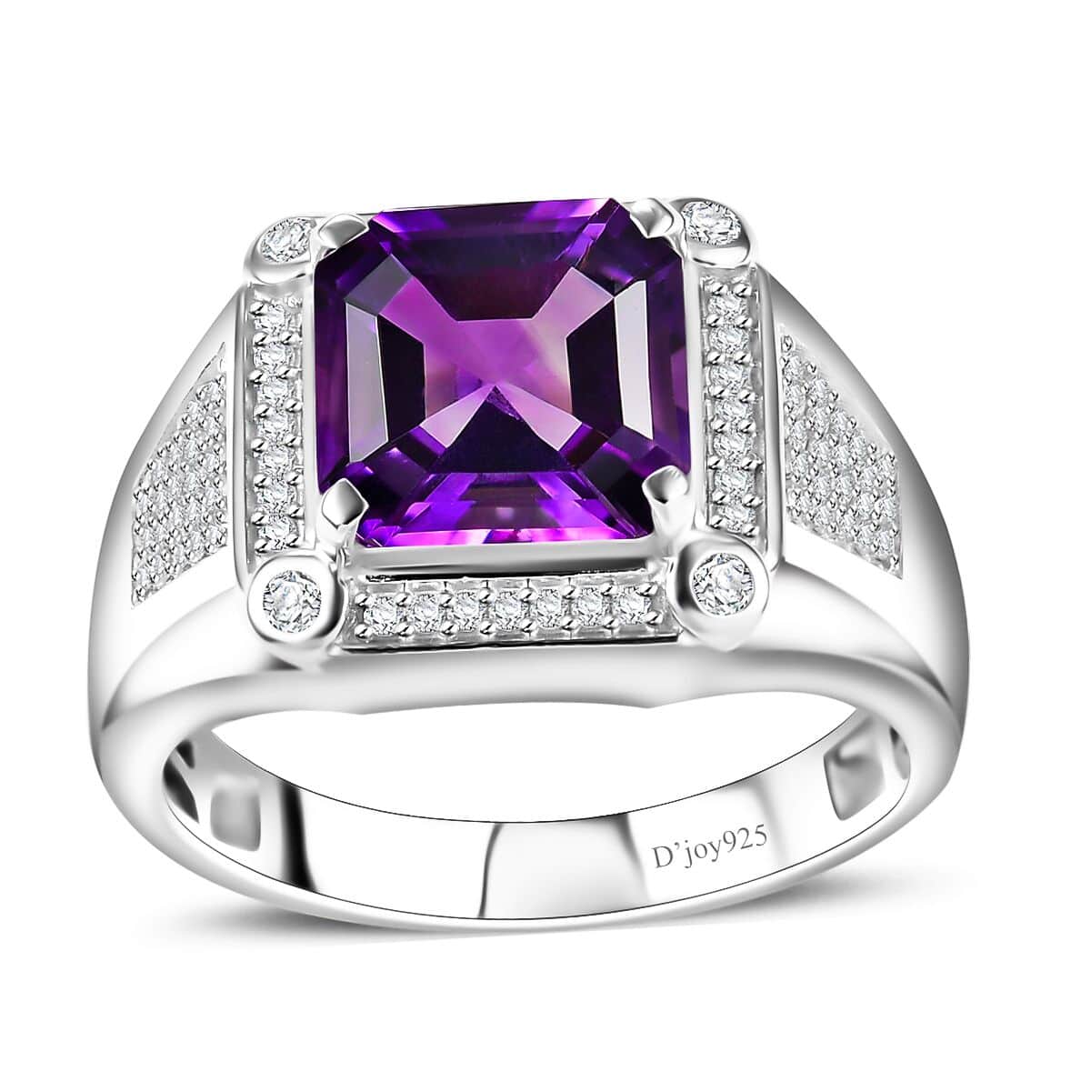 Asscher Cut Moroccan Amethyst and Moissanite 5.40 ctw Art & Deco Men's Ring in Rhodium Over Sterling Silver (Size 11.0) image number 0