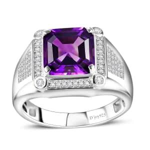 Asscher Cut Moroccan Amethyst and Moissanite 5.40 ctw Art & Deco Men's Ring in Rhodium Over Sterling Silver (Size 11.0)