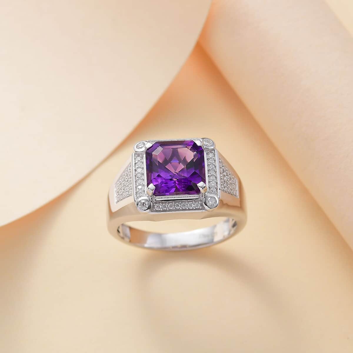 Asscher Cut Moroccan Amethyst and Moissanite 5.40 ctw Art & Deco Men's Ring in Rhodium Over Sterling Silver (Size 11.0) image number 1