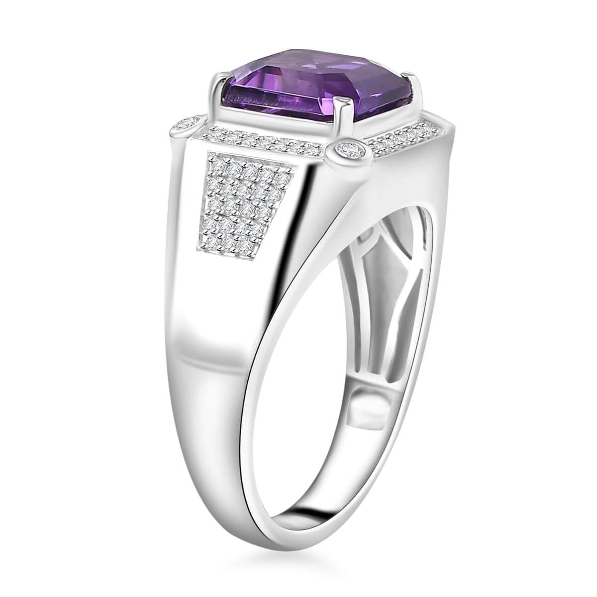 Asscher Cut Moroccan Amethyst and Moissanite 5.40 ctw Art & Deco Men's Ring in Rhodium Over Sterling Silver (Size 11.0) image number 3