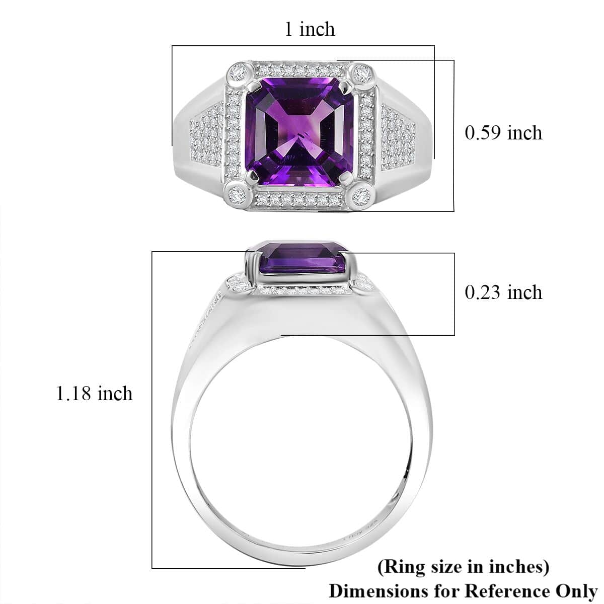 Asscher Cut Moroccan Amethyst and Moissanite 5.40 ctw Art & Deco Men's Ring in Rhodium Over Sterling Silver (Size 11.0) image number 5