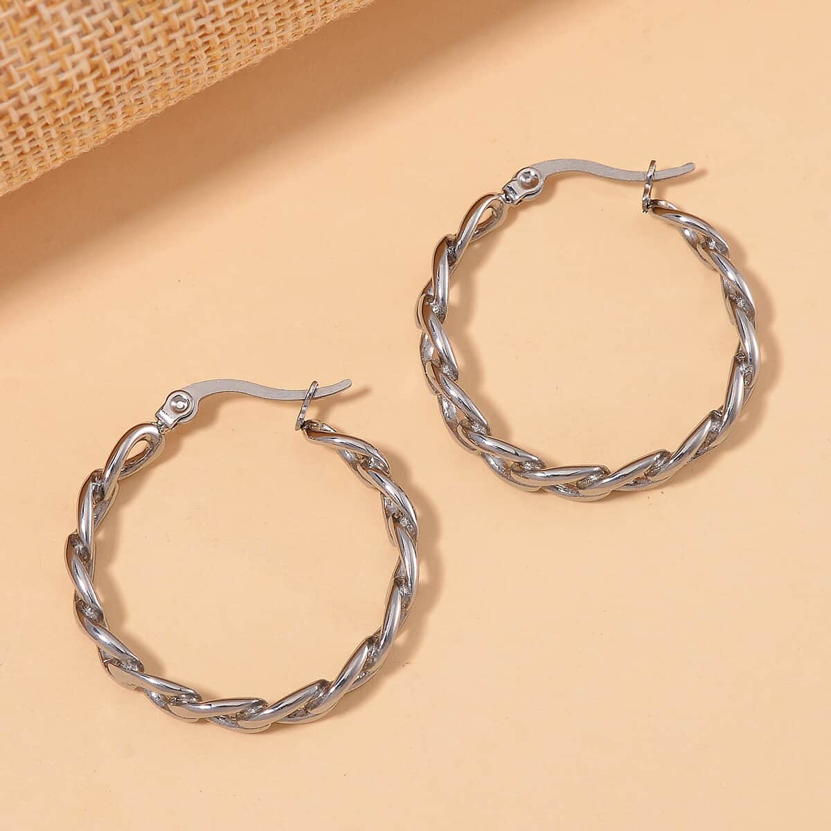 Cuban Chain Hoop Earrings in Stainless Steel image number 1