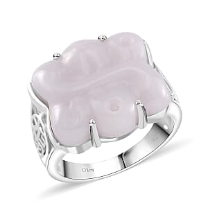Natural Jade 18.00 ctw Carved Fu Happiness Ring in Rhodium Over Sterling Silver (Size 6.0)