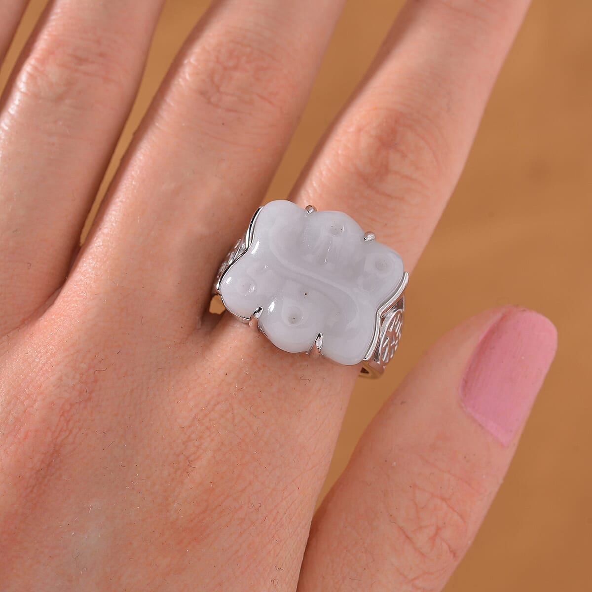 Natural Jade 18.00 ctw Carved Fu Happiness Ring in Rhodium Over Sterling Silver (Size 9.0) image number 1