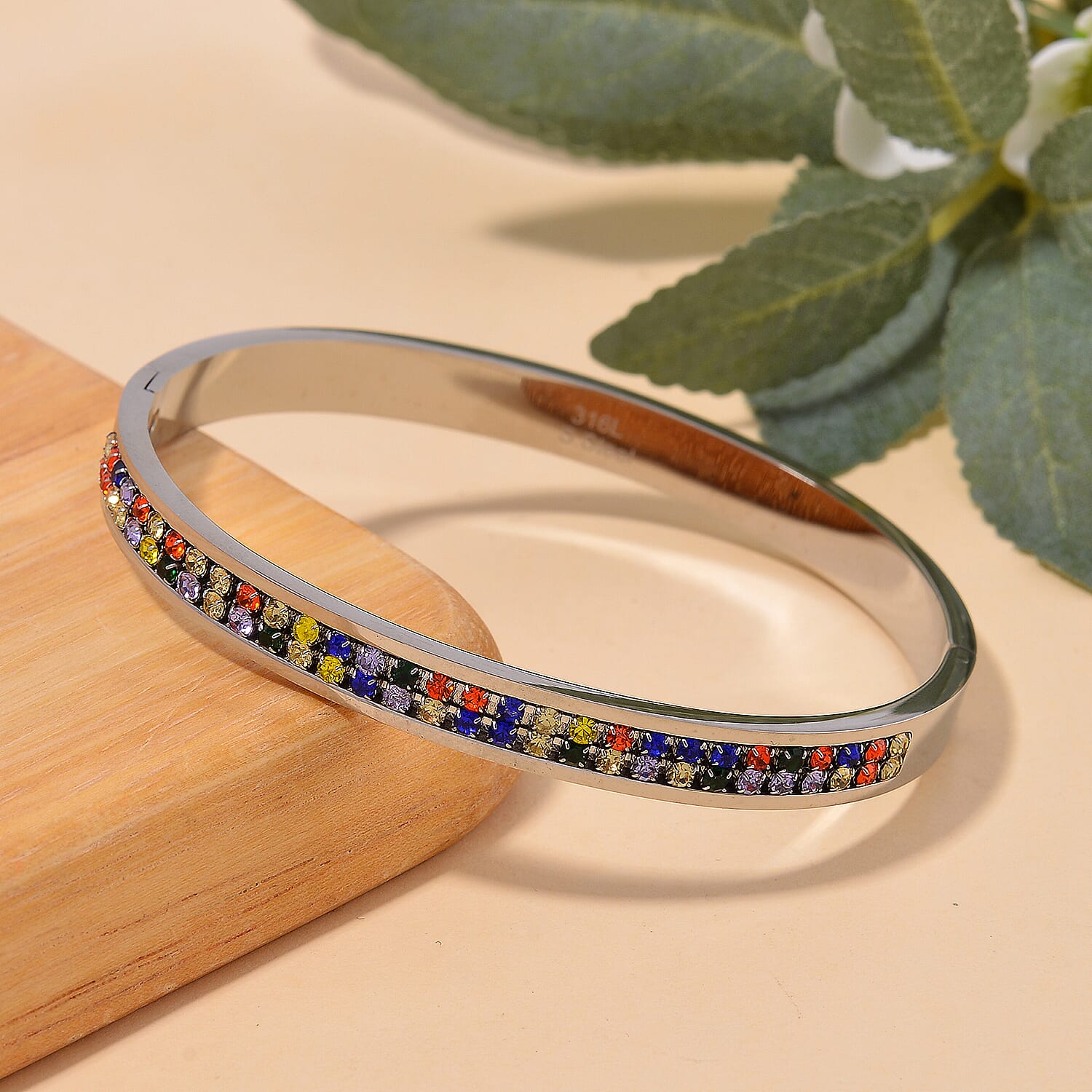Multi Color Austrian Crystal Bangle Bracelet in Stainless Steel (7.50 In)