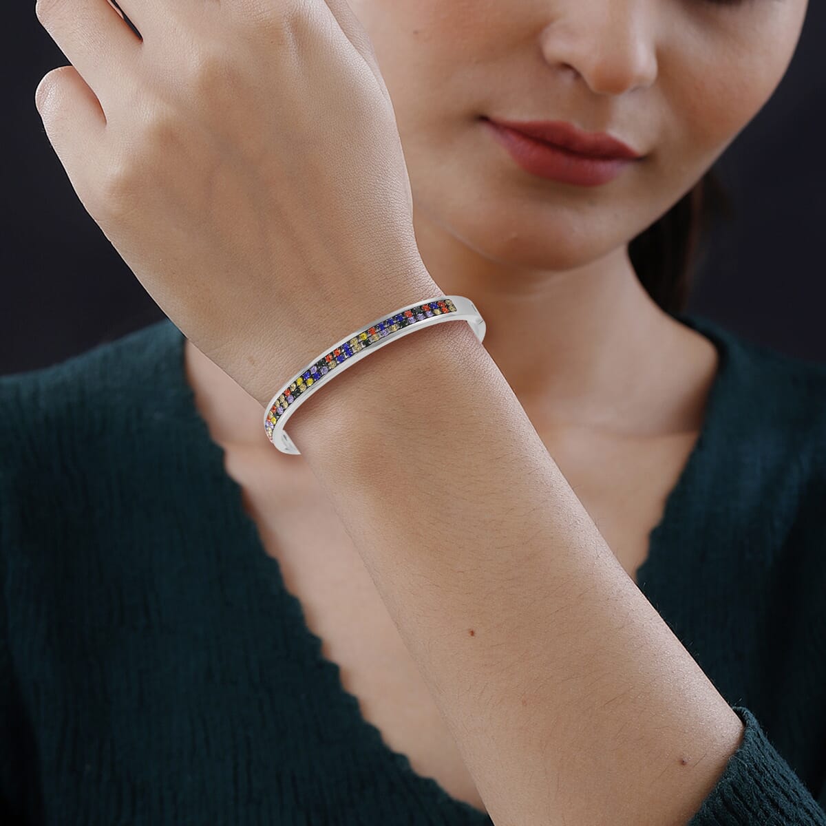 Multi Color Austrian Crystal Bangle Bracelet in Stainless Steel (7.50 In) image number 2