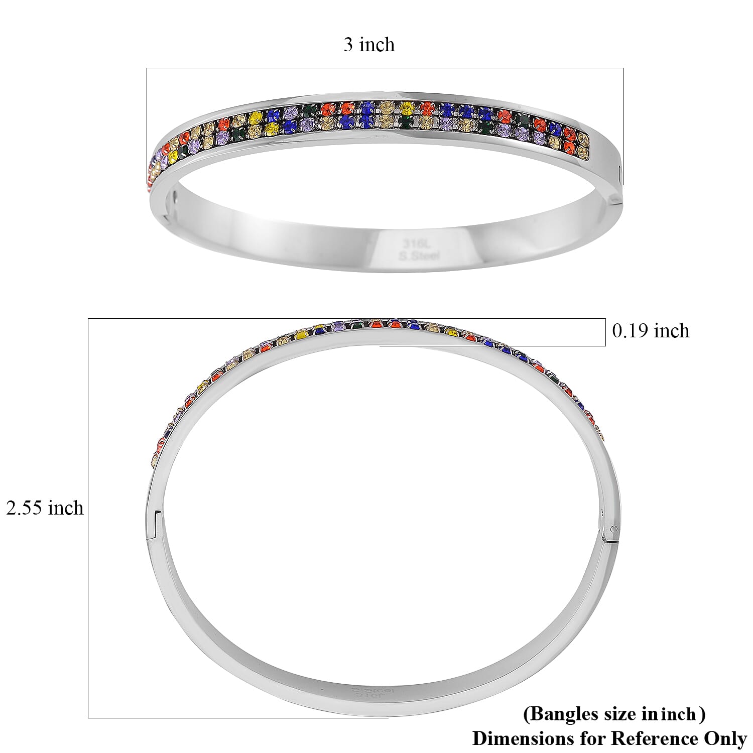 Multi Color Austrian Crystal Bangle Bracelet in Stainless Steel (7.50 In)
