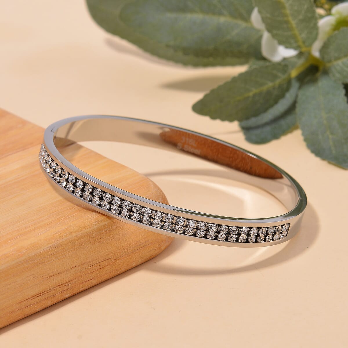 White Austrian Crystal Bangle Bracelet in Stainless Steel (7.50 In) image number 1