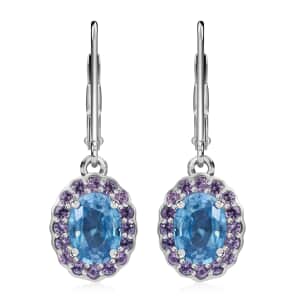 Cambodian Blue Zircon and Madagascar Pink Sapphire 3.20 ctw Ocean Bloom Lever Back Earrings in Rhodium Over Sterling Silver