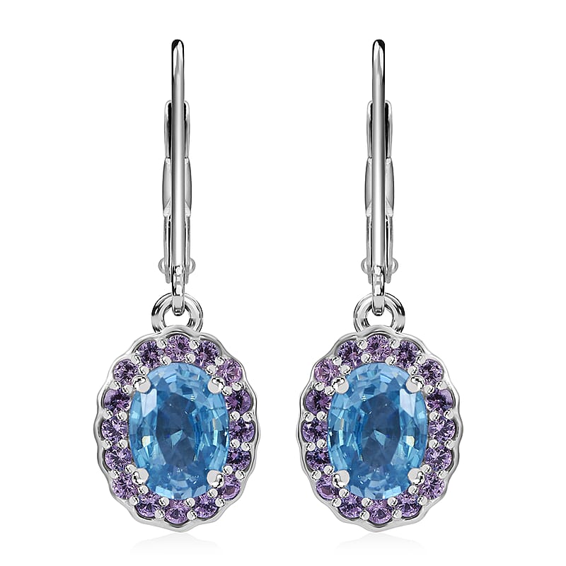D'Joy Cambodian Blue Zircon and Madagascar Pink Sapphire 3.20 ctw Ocean Bloom Lever Back Earrings in Rhodium Over Sterling Silver