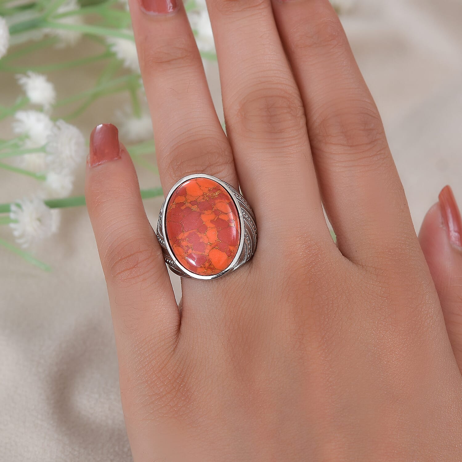Mojave Orange Turquoise 14.50 ctw Ring in Stainless Steel (Size 10.0) 