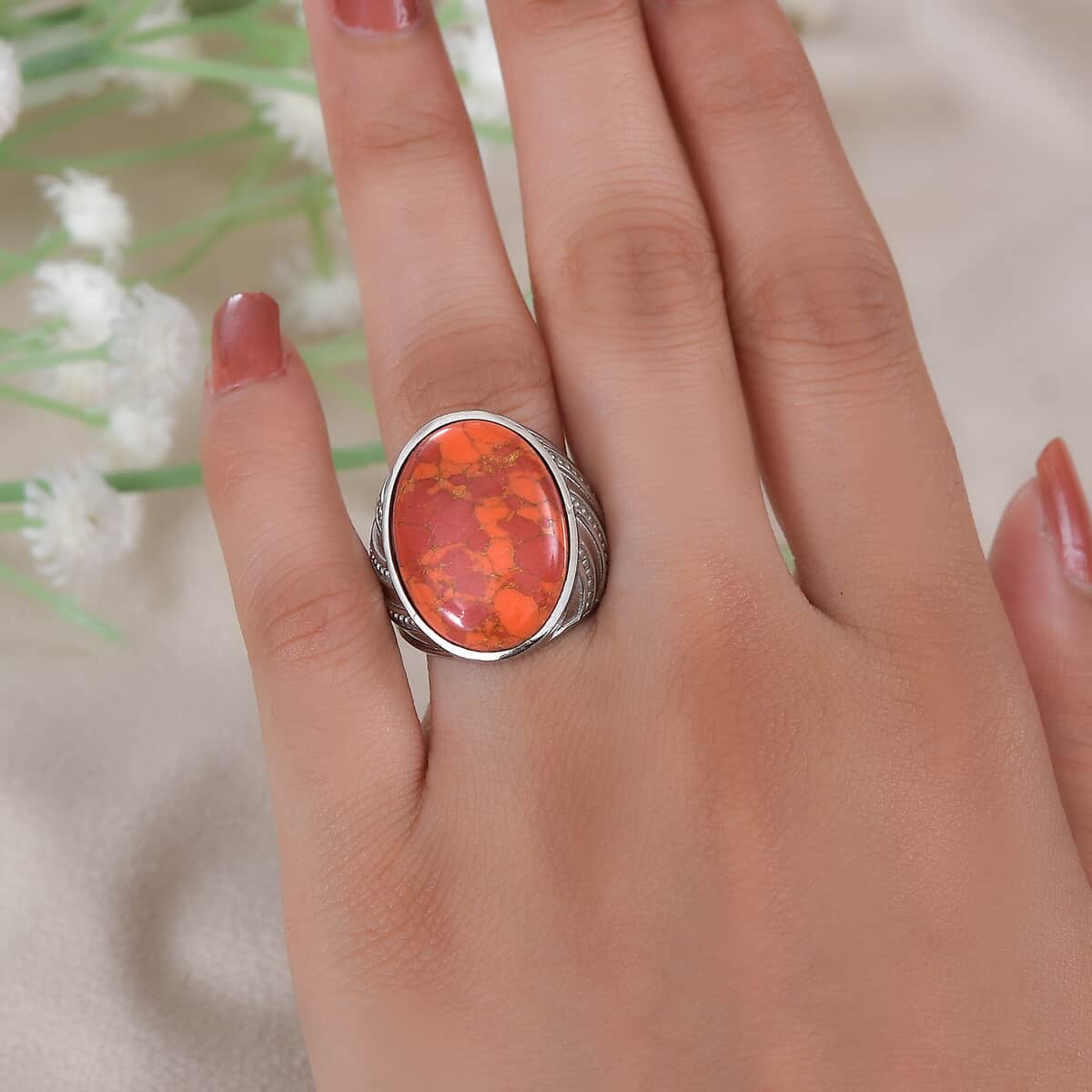 Mojave Orange Turquoise 14.50 ctw Ring in Stainless Steel (Size 10.0)  image number 2