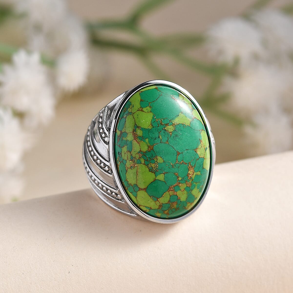 Mojave Green Turquoise 14.00 ctw Ring in Stainless Steel (Size 6.0)  image number 1