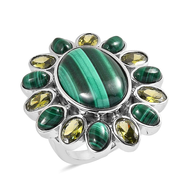African Malachite and Simulated Peridot Diamond 22.40 ctw Floral Ring in Stainless Steel (Size 10.0)