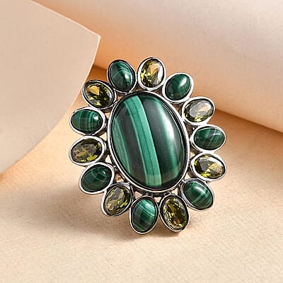 African Malachite and Simulated Peridot Diamond 22.40 ctw Floral Ring in Stainless Steel (Size 10.0)