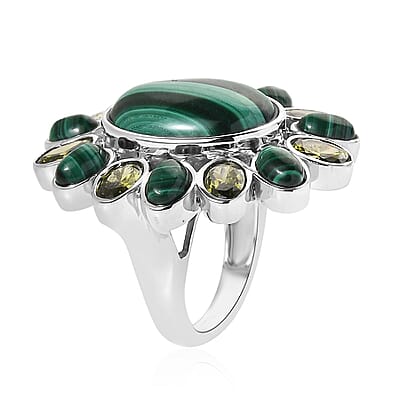 African Malachite and Simulated Peridot Diamond 22.40 ctw Floral Ring in Stainless Steel (Size 10.0)