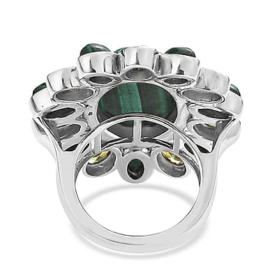 African Malachite and Simulated Peridot Diamond 22.40 ctw Floral Ring in Stainless Steel (Size 10.0)