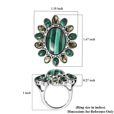 African Malachite and Simulated Peridot Diamond 22.40 ctw Floral Ring in Stainless Steel (Size 10.0)