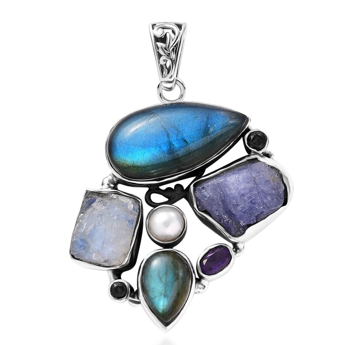 Artisan Crafted Malagasy Labradorite and Multi Gemstone 25.00 ctw Pendant in Sterling Silver image number 0