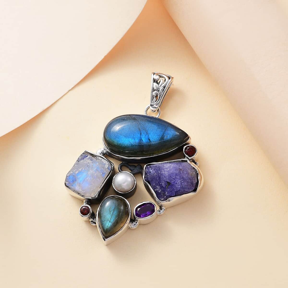 Artisan Crafted Malagasy Labradorite and Multi Gemstone 25.00 ctw Pendant in Sterling Silver image number 1