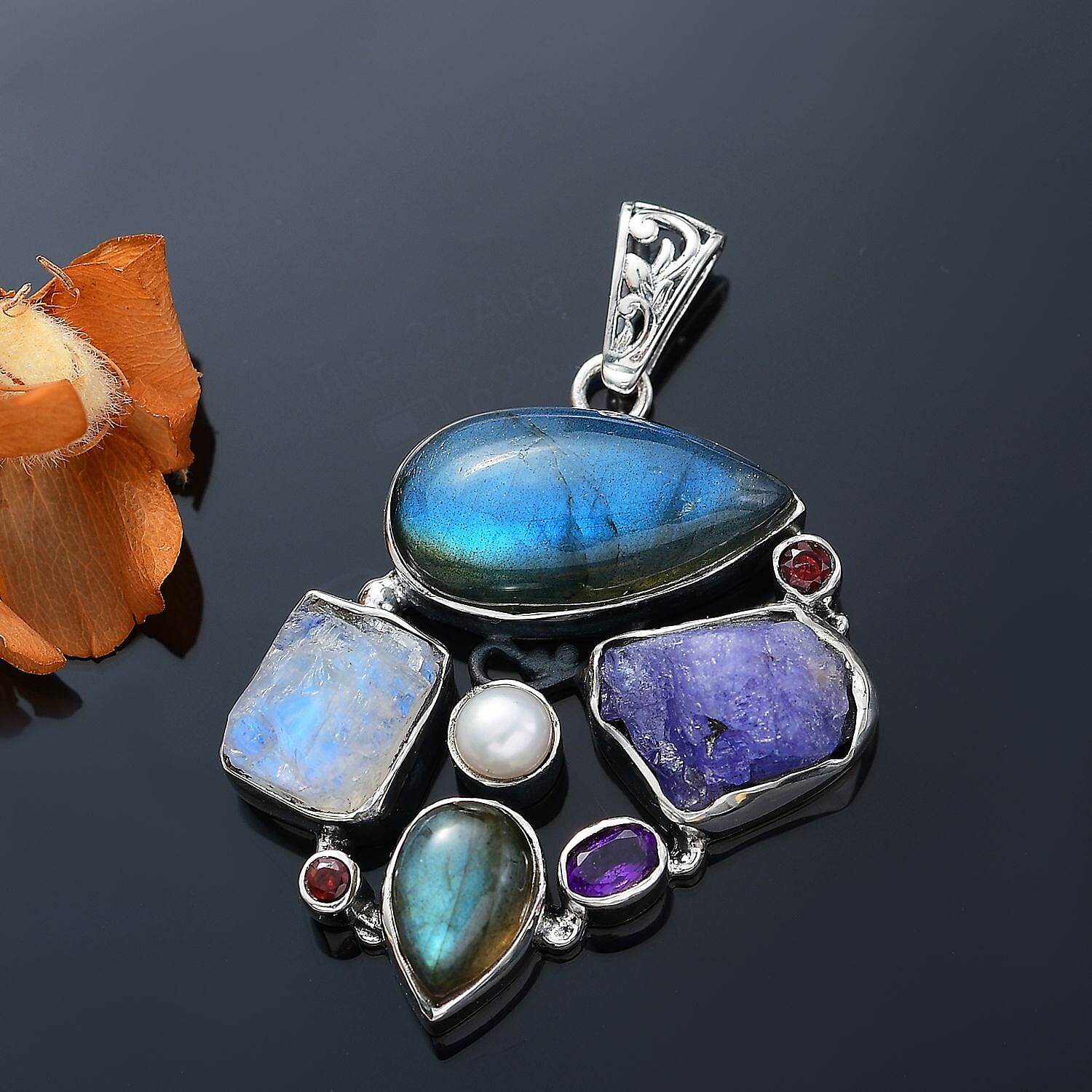 D'Joy Artisan Crafted Malagasy Labradorite and Multi Gemstone 25.00 ctw Pendant in Sterling Silver