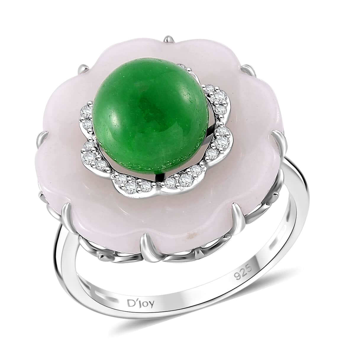 Natural Jade Carved, Green Jade (D) and White Zircon 25.15 ctw Floral Ring in Rhodium Over Sterling Silver (Size 10.0) image number 0