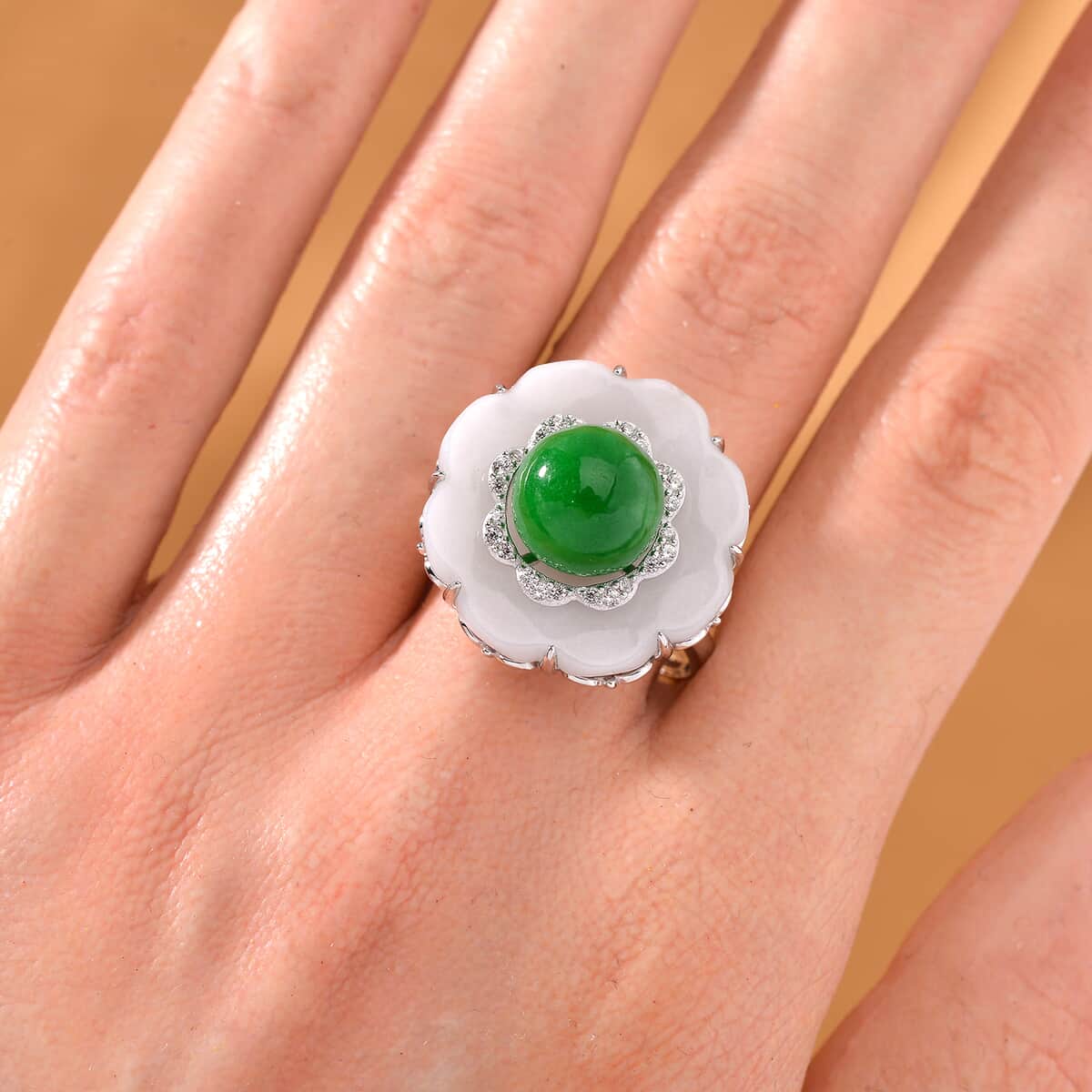 Natural Jade Carved, Green Jade (D) and White Zircon 25.15 ctw Floral Ring in Rhodium Over Sterling Silver (Size 10.0) image number 1